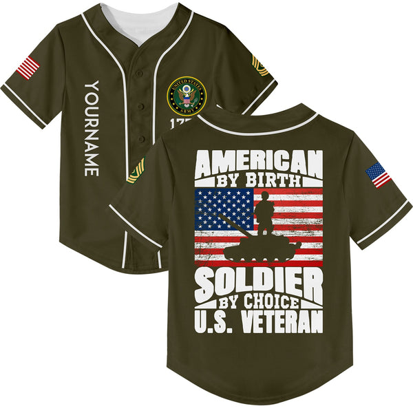 Custom Olive American By Birth Soldier By Choice 1776 Military Rank Name Veterans Day Baseball Jersey
