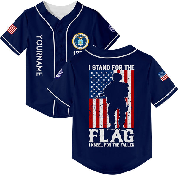 Custom Navy I Stand For Flag I Kneel For The Fallen 1776 Military Rank Name Veterans Day Baseball Jersey