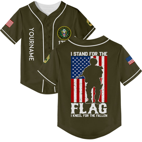 Custom Olive I Stand For Flag I Kneel For The Fallen 1776 Military Rank Name Veterans Day Baseball Jersey