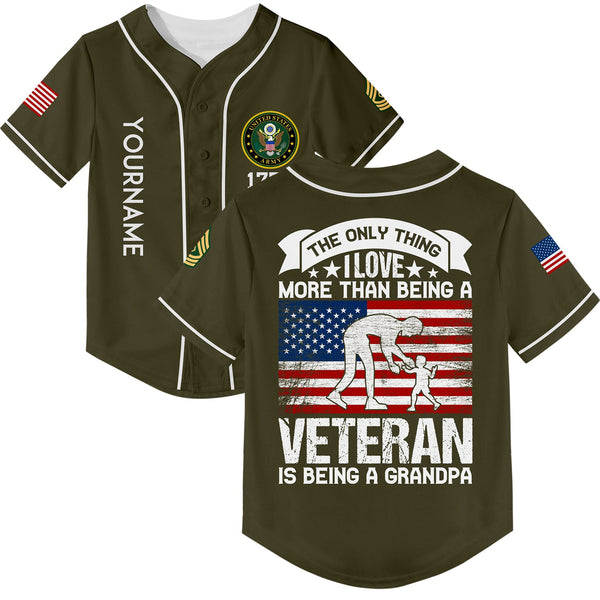 Custom Olive The Only Thing I Love More Than Being A Veteran Is Being A Grandpa 1776 Flag Military Rank Name Veterans Day Baseball Jersey