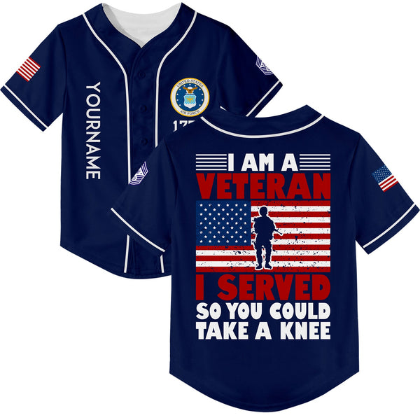 Custom Navy I'M A Veteran I Served So You Could Take A Knee 1776 Flag Military Rank Name Veterans Day Baseball Jersey