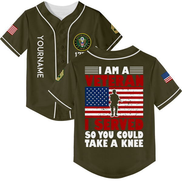 Custom Olive I'M A Veteran I Served So You Could Take A Knee 1776 Flag Military Rank Name Veterans Day Baseball Jersey