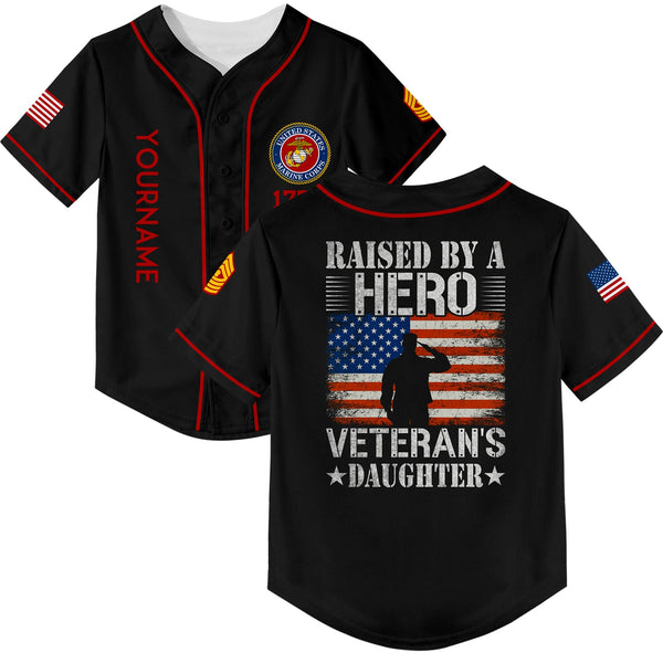 Custom Black Raised By A Hero 1776 Flag U.S Marine Corps Military Rank Name Veterans Day Baseball Jersey | Father's Day Gifts