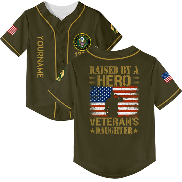 Custom Olive Raised By A Hero 1776 Flag U.S Army Military Rank Name Veterans Day Baseball Jersey | Father's Day Gifts
