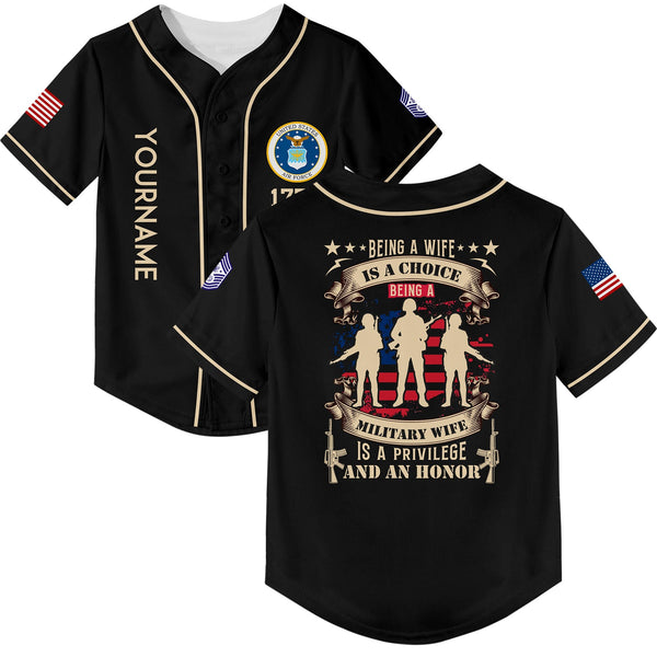 Custom Black Being A Wife Is A Choice Being A Military Wife 1776 Flag U.S Air Force Military Rank Name Veterans Day Baseball Jersey