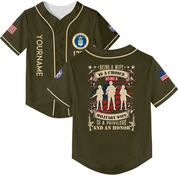 Custom Olive Being A Wife Is A Choice Being A Military Wife 1776 Flag U.S Air Force Military Rank Name Veterans Day Baseball Jersey | Father's Day Gifts
