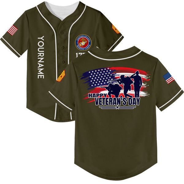 Custom Olive 1776 Flag U.S Marine Corps Military Rank Name Veterans Day Baseball Jersey | Father's Day Gifts