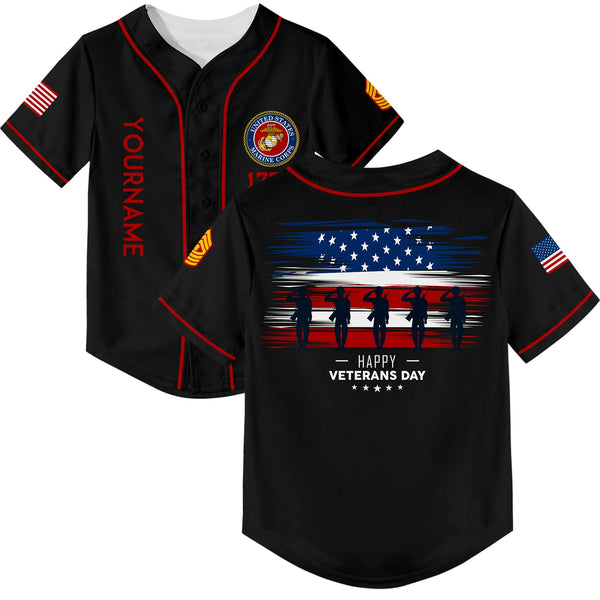 Custom Black 1776 Flag U.S Marine Corps Military Rank Name Veterans Day Baseball Jersey | Father's Day Gifts