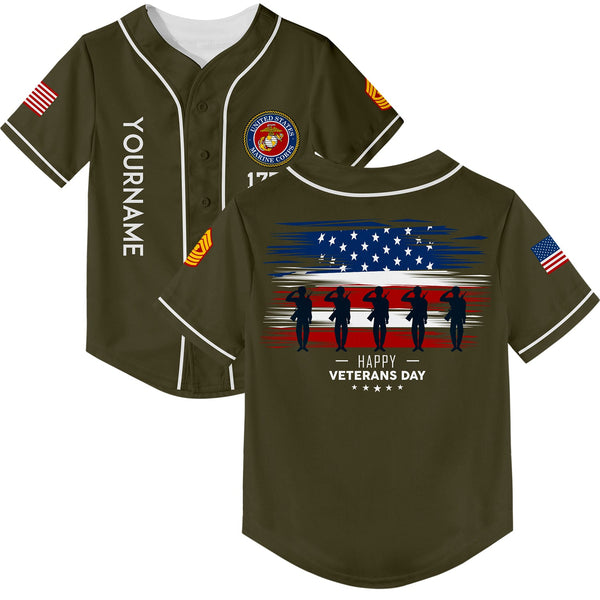 Custom Olive 1776 Flag U.S Marine Corps Military Rank Name Veterans Day Baseball Jersey | Father's Day Gifts