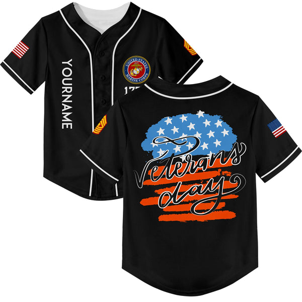 Custom Black 1776 Flag U.S Marine Corps Military Rank Name Veterans Day Baseball Jersey | Father's Day Gifts