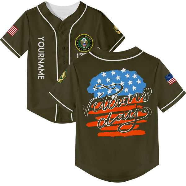 Custom Olive 1776 Flag U.S Army Military Rank Name Veterans Day Baseball Jersey | Father's Day Gifts