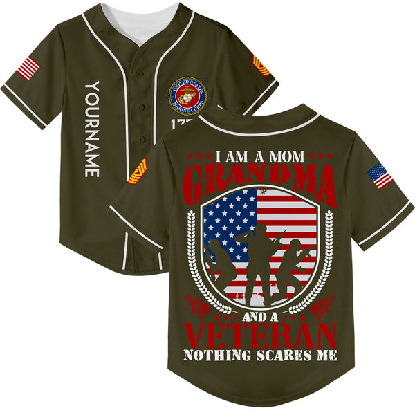 Custom Olive I'm A Mom Grandma 1776 Flag U.S Marine Corps Military Rank Name Veterans Day Baseball Jersey | Father's Day Gifts