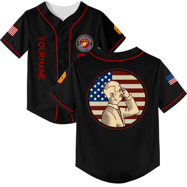 Custom Black 1776 Flag U.S Marine Corps Military Rank Name Veterans Day Baseball Jersey | Father's Day Gifts