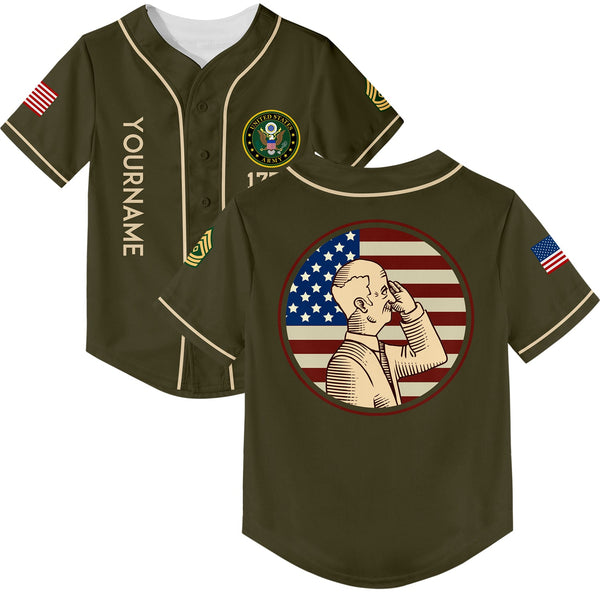Custom Olive 1776 Flag U.S Army Military Rank Name Veterans Day Baseball Jersey | Father's Day Gifts