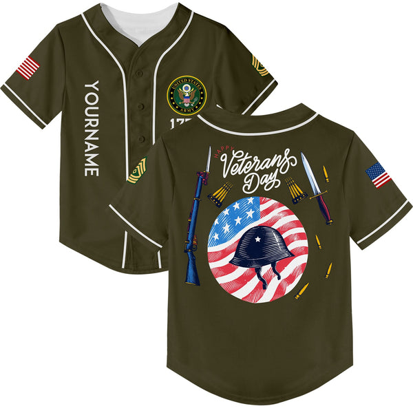 Custom Olive Helmet 1776 Flag U.S Army Military Rank Name Veterans Day Baseball Jersey | Father's Day Gifts