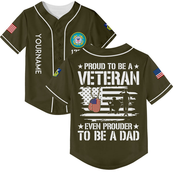 Custom Olive Proud To Be A Veteran Even Prouder To Be A Dad 1776 Flag U.S Coast Guard Military Rank Name Veterans Day Baseball Jersey | Father's Day Gifts