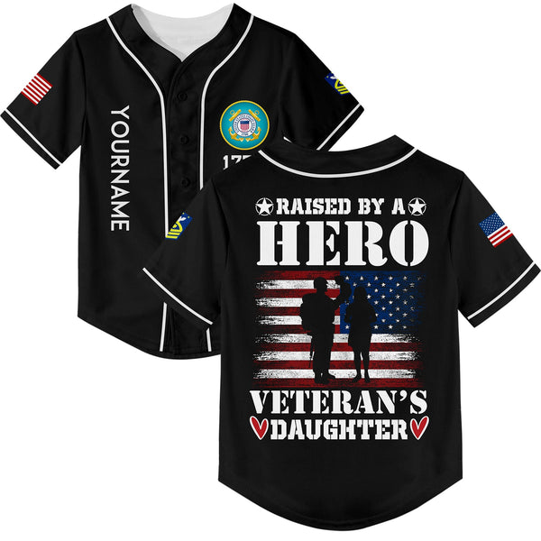Custom Black Raised By A Hero Veteran's Daughter 1776 Flag U.S Coast Guard Military Rank Name Veterans Day Baseball Jersey | Father's Day Gifts