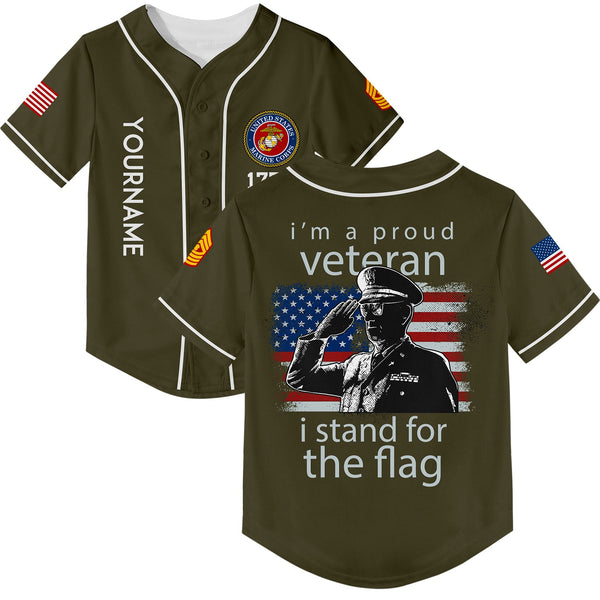 Custom Olive I'm A Proud Veteran I Stand For The Flag 1776 Flag U.S Marine Corps Military Rank Name Veterans Day Baseball Jersey | Father's Day Gifts
