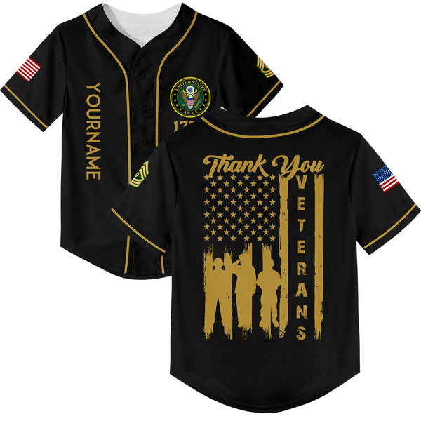 Custom Black Thank You Veterans 1776 Flag U.S Army Military Rank Name Veterans Day Baseball Jersey | Father's Day Gifts