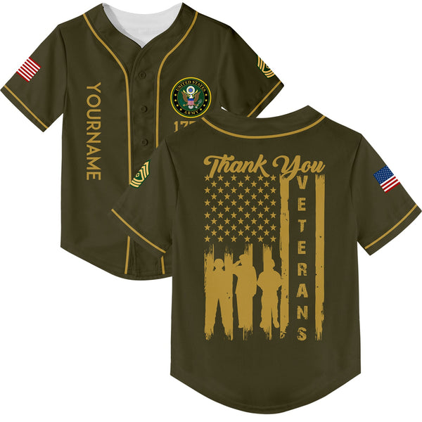Custom Olive Thank You Veterans 1776 Flag U.S Army Military Rank Name Veterans Day Baseball Jersey | Father's Day Gifts