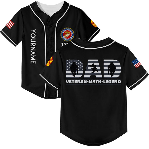 Custom Black Dad Veteran Myth Legend 1776 Flag U.S Marine Corps Military Rank Name Veterans Day Baseball Jersey | Father's Day Gifts