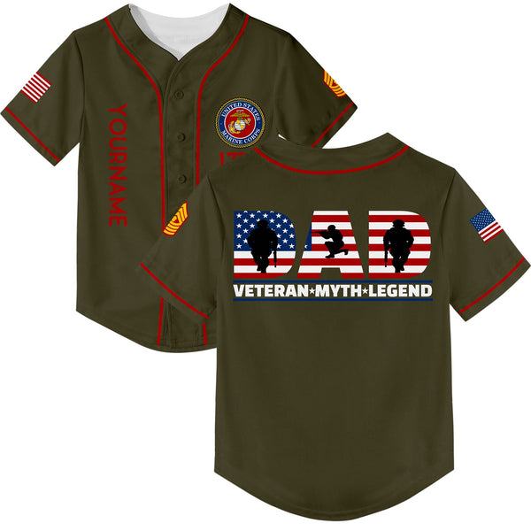 Custom Olive Dad Veteran Myth Legend 1776 Flag U.S Marine Corps Military Rank Name Veterans Day Baseball Jersey | Father's Day Gifts