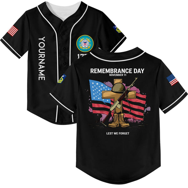 Custom Black Remembrance Day November 11 Lest We Forget 1776 American Flag U.S Coast Guard Military Rank Name Memorial Day Baseball Jersey