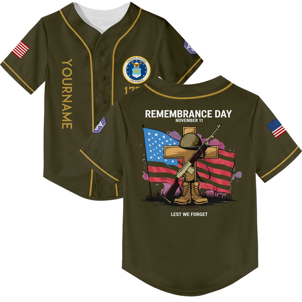 Custom Olive Remembrance Day November 11 Lest We Forget 1776 American Flag U.S Air Force Military Rank Name Memorial Day Baseball Jersey