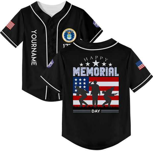 Custom Black 1776 American Flag U.S Air Force Military Rank Name Memorial Day Baseball Jersey