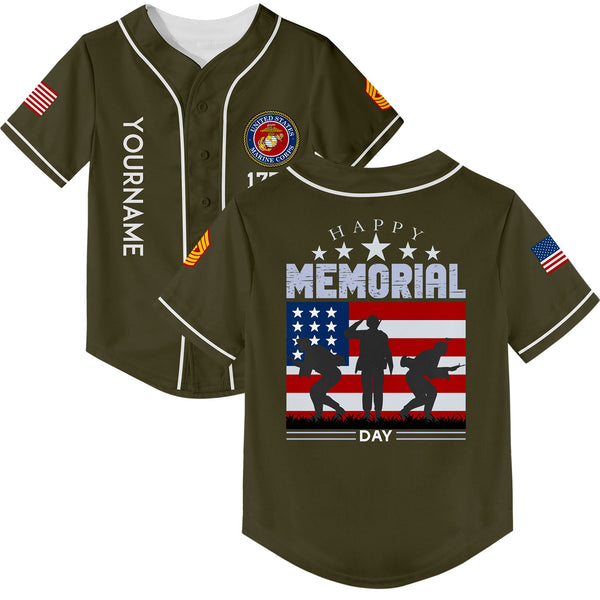 Custom Olive 1776 American Flag U.S Marine Corps Military Rank Name Memorial Day Baseball Jersey