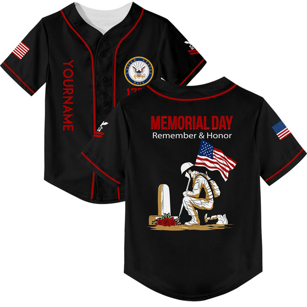 Custom Black Remember Honor 1776 American Flag U.S Navy Military Rank Name Memorial Day Baseball Jersey
