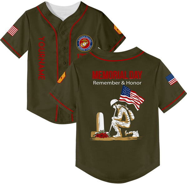 Custom Olive Remember Honor 1776 American Flag U.S Marine Corps Military Rank Name Memorial Day Baseball Jersey
