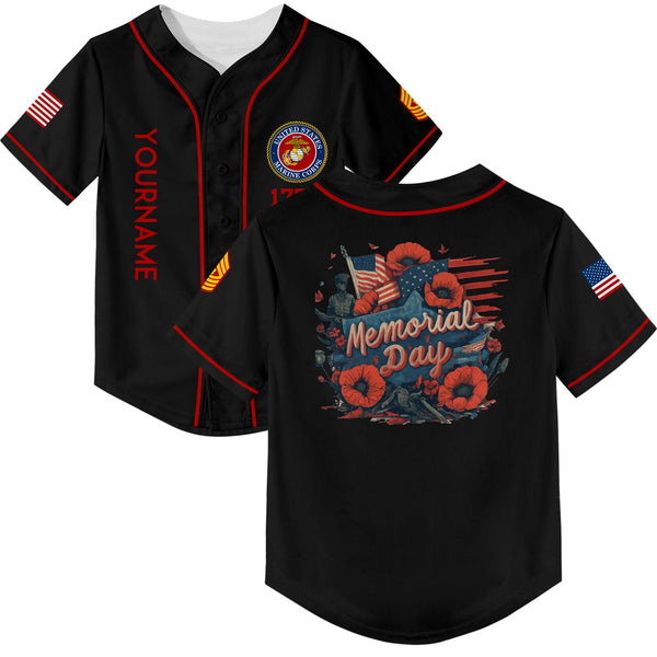 Custom Black Flower 1776 American Flag U.S Marine Corps Military Rank Name Memorial Day Baseball Jersey
