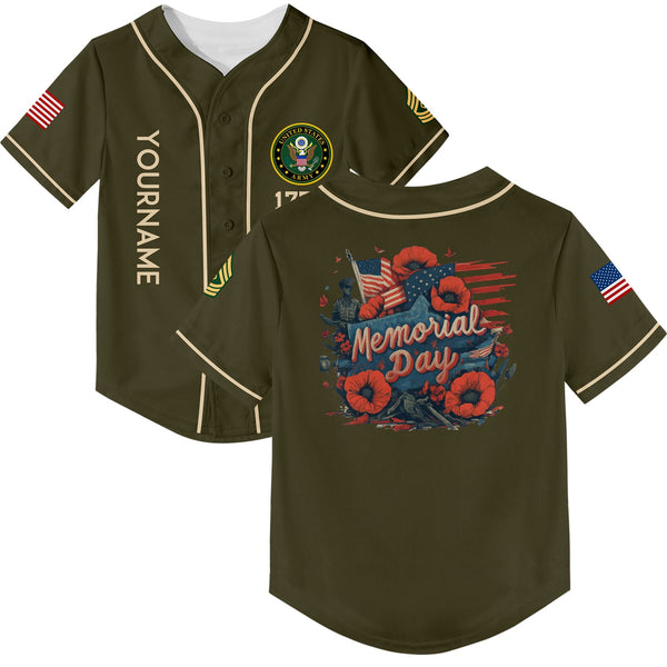 Custom Olive Flower 1776 American Flag U.S Army Military Rank Name Memorial Day Baseball Jersey