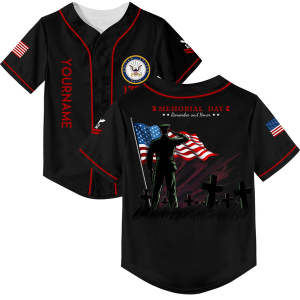Custom Black Tombstone Remember And Honor 1776 American Flag U.S Navy Military Rank Name Memorial Day Baseball Jersey