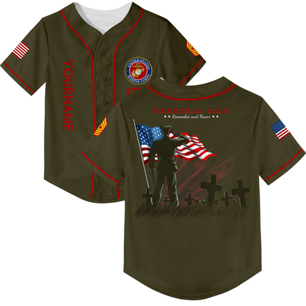 Custom Olive Tombstone Remember And Honor 1776 American Flag U.S Marine Corps Military Rank Name Memorial Day Baseball Jersey