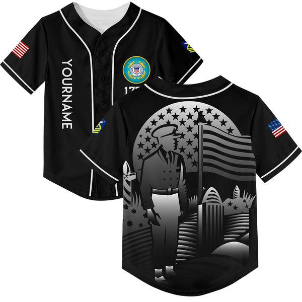 Custom Black Tombstone 1776 American Flag U.S Coast Guard Military Rank Name Memorial Day Baseball Jersey