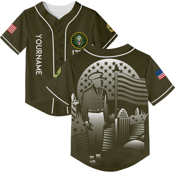 Custom Olive Tombstone 1776 American Flag U.S Army Military Rank Name Memorial Day Baseball Jersey