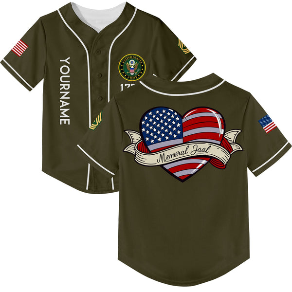 Custom Olive Love 1776 American Flag U.S Army Military Rank Name Memorial Day Baseball Jersey