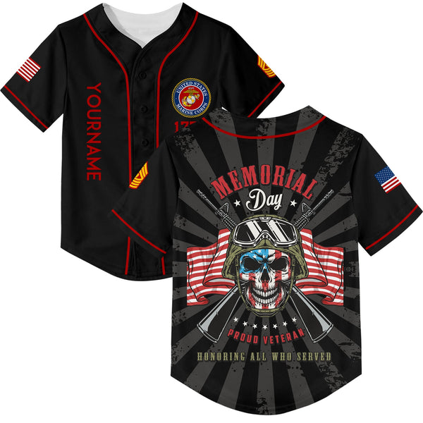 Custom Black Proud Veteran Honoring All Who Served 1776 American Flag U.S Marine Corps Military Rank Name Memorial Day Baseball Jersey
