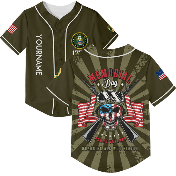 Custom Olive Proud Veteran Honoring All Who Served 1776 American Flag U.S Army Military Rank Name Memorial Day Baseball Jersey