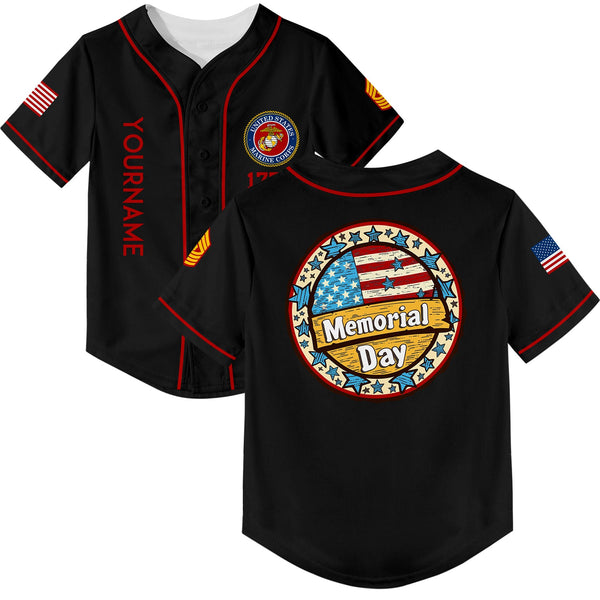 Custom Black 1776 American Flag U.S Marine Corps Military Rank Name Memorial Day Baseball Jersey