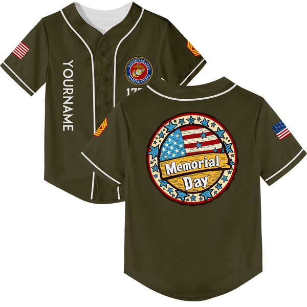 Custom Olive 1776 American Flag U.S Marine Corps Military Rank Name Memorial Day Baseball Jersey