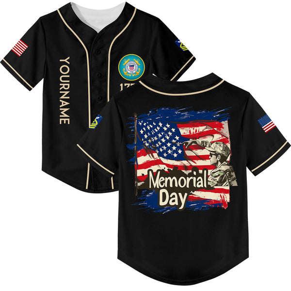 Custom Black 1776 American Flag U.S Coast Guard Military Rank Name Memorial Day Baseball Jersey
