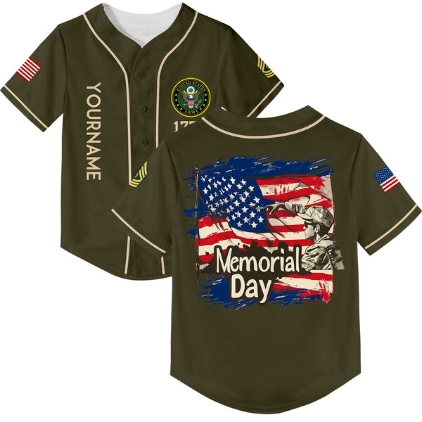 Custom Olive 1776 American Flag U.S Army Military Rank Name Memorial Day Baseball Jersey