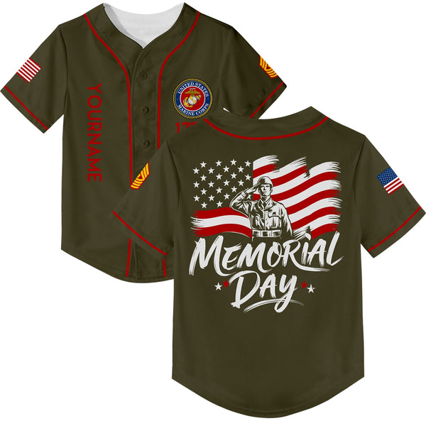 Custom Olive 1776 American Flag U.S Marine Corps Military Rank Name Memorial Day Baseball Jersey
