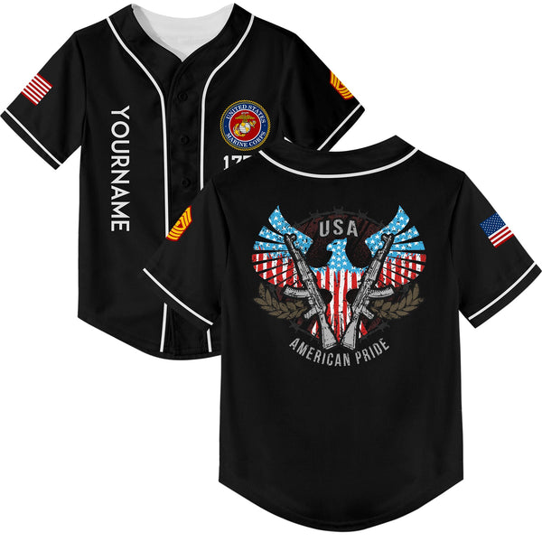 Custom Black USA Eagle Pride 1776 American Flag U.S Marine Corps Military Rank Name Baseball Jersey