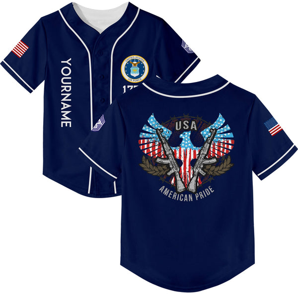 Custom Navy USA Eagle Pride 1776 American Flag U.S Air Force Military Rank Name Baseball Jersey