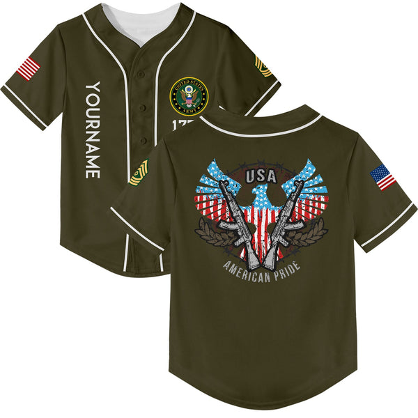 Custom Olive USA Eagle Pride 1776 American Flag U.S Army Military Rank Name Baseball Jersey