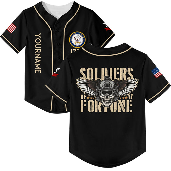 Custom Black Skull Soldiers Of Fortune 1776 U.S Navy Military Rank Name Baseball Jersey